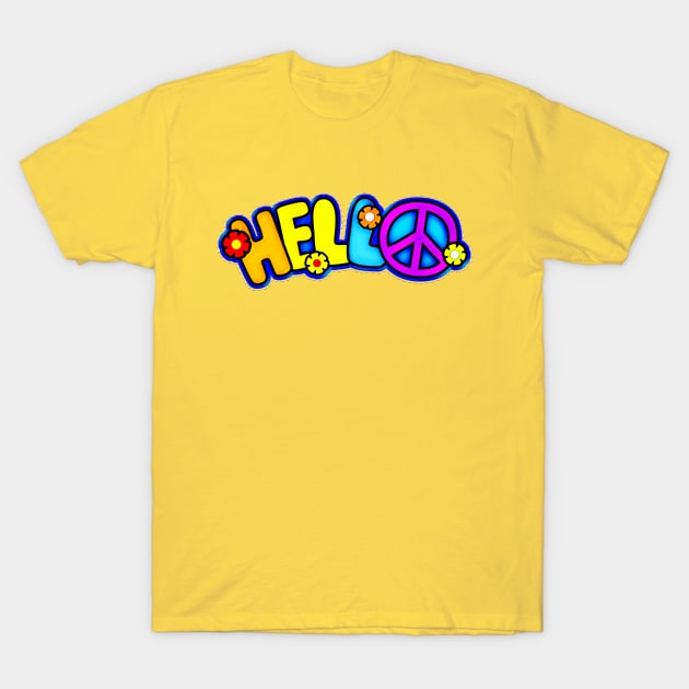 Colorful Hello Peace Sign Typography T-Shirt by AlondraHanley